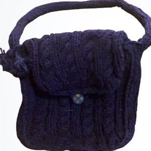 Vintage blue handmade cable knit purse with pompoms